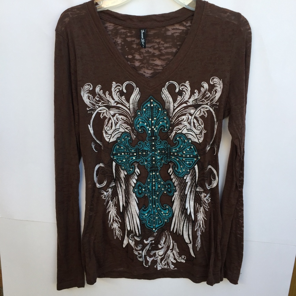 Brown Long sleeve cross western Large rhinestones